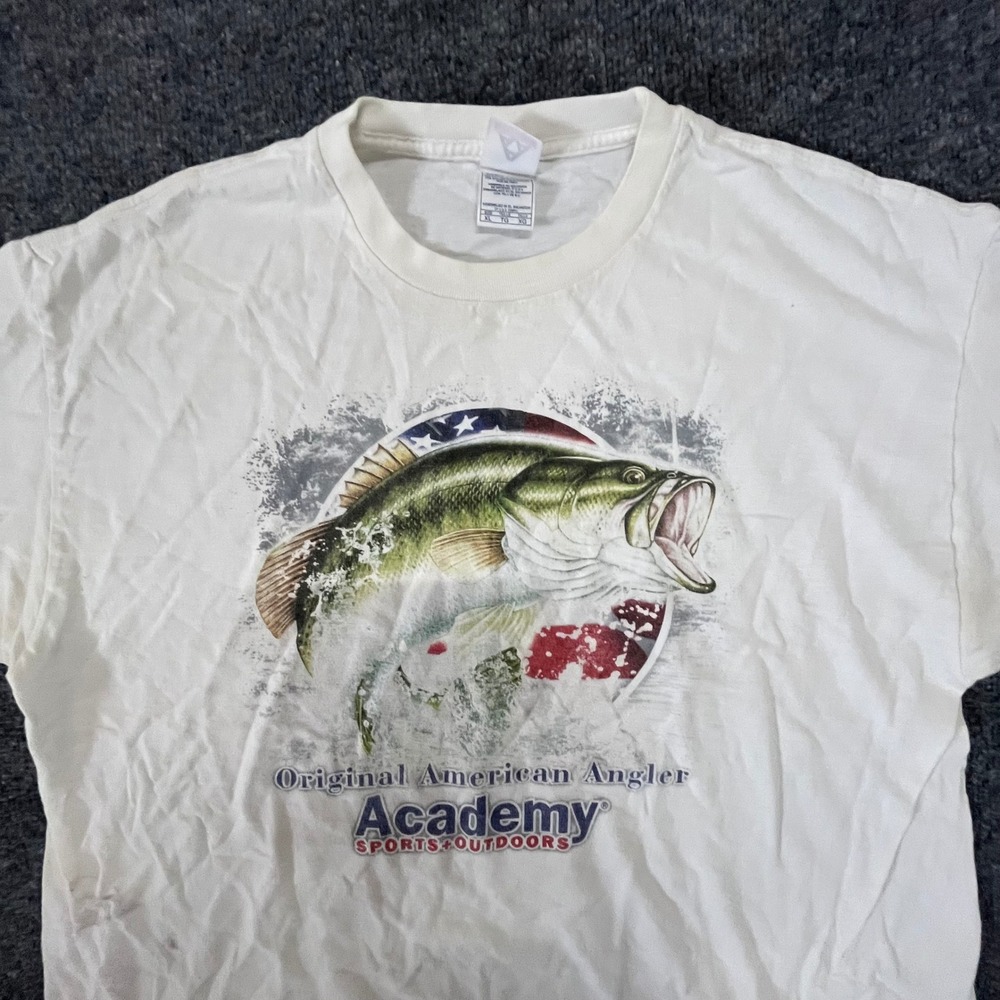 Academy T-Shirt Mens Size XL White Original American Angler Bass Fish Graphic